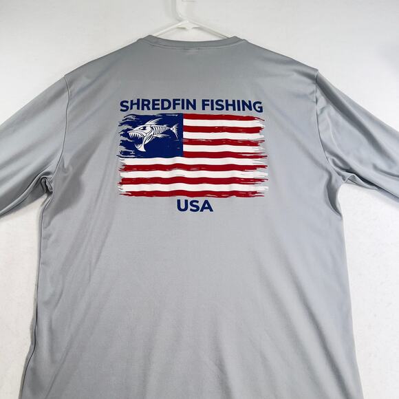 Shredfin Fishing Shirt Mens Large Long Sleeve Grey w/ USA Flag Print Performance - Picture 3 of 14